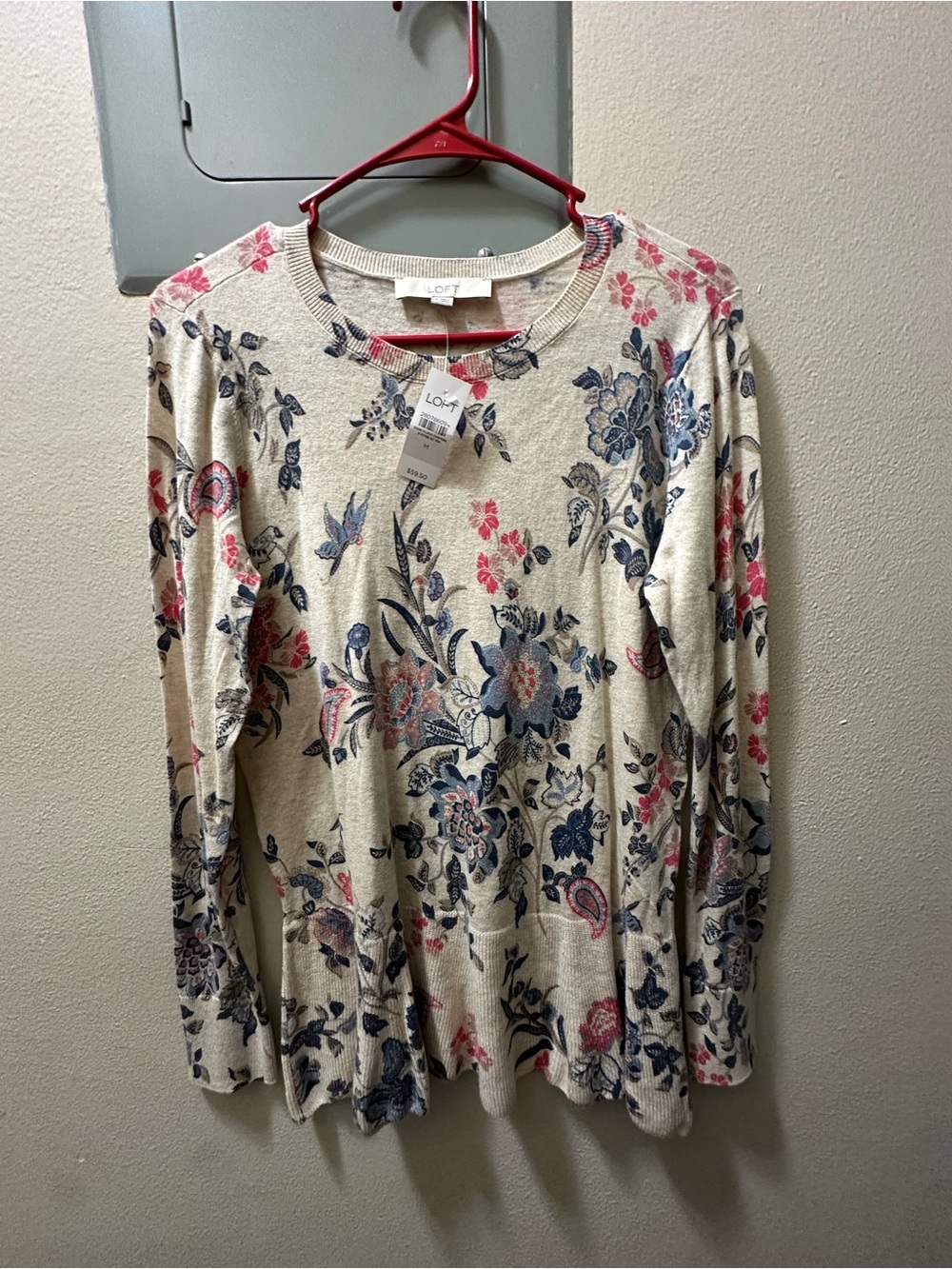 LOFT Cream Floral Long Sleeve Crewneck sweater with Blue & Pink Print